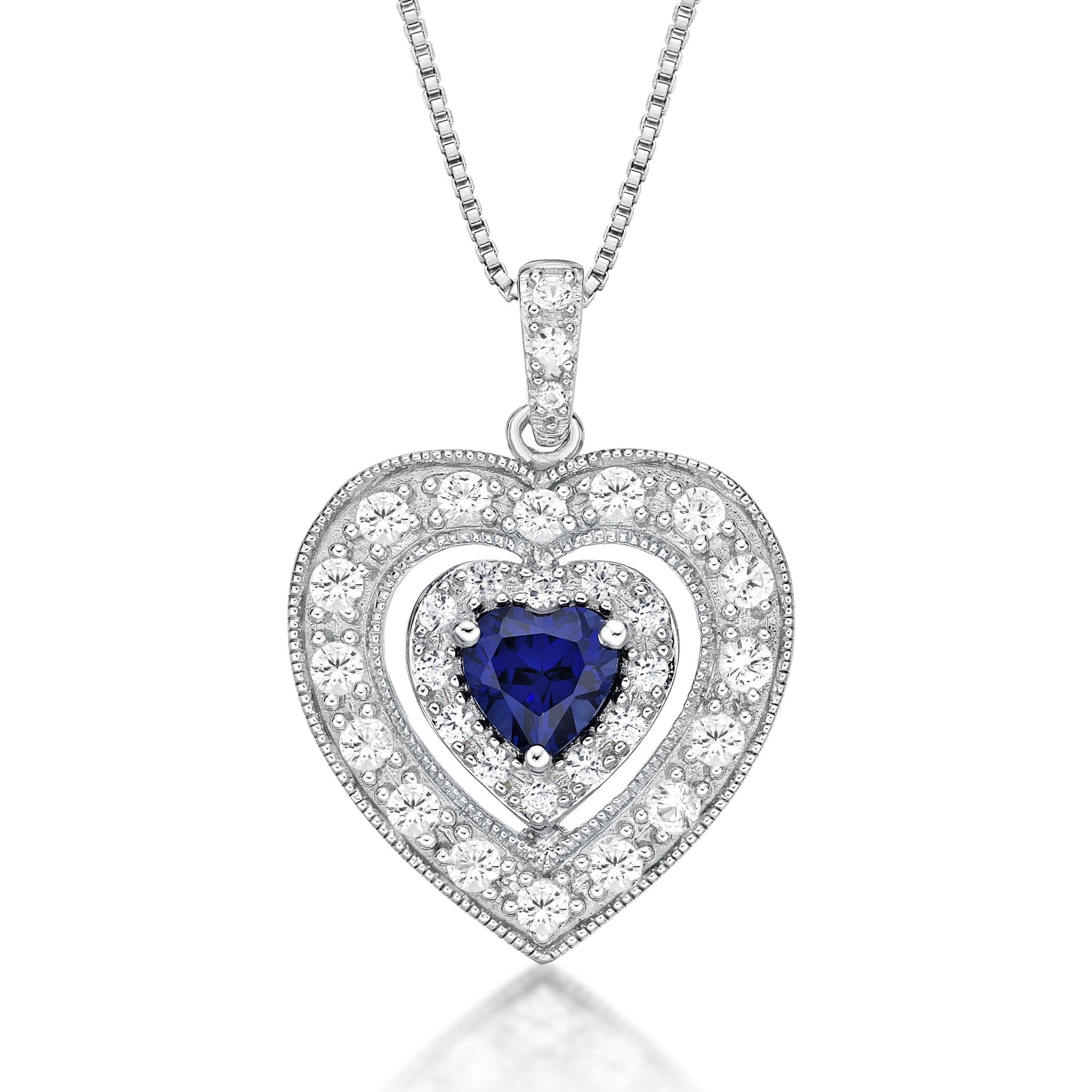 Brilliance 925 Sterling Silver Created Sapphire and Created White Sapphire Heart Pendant with 18" Chain