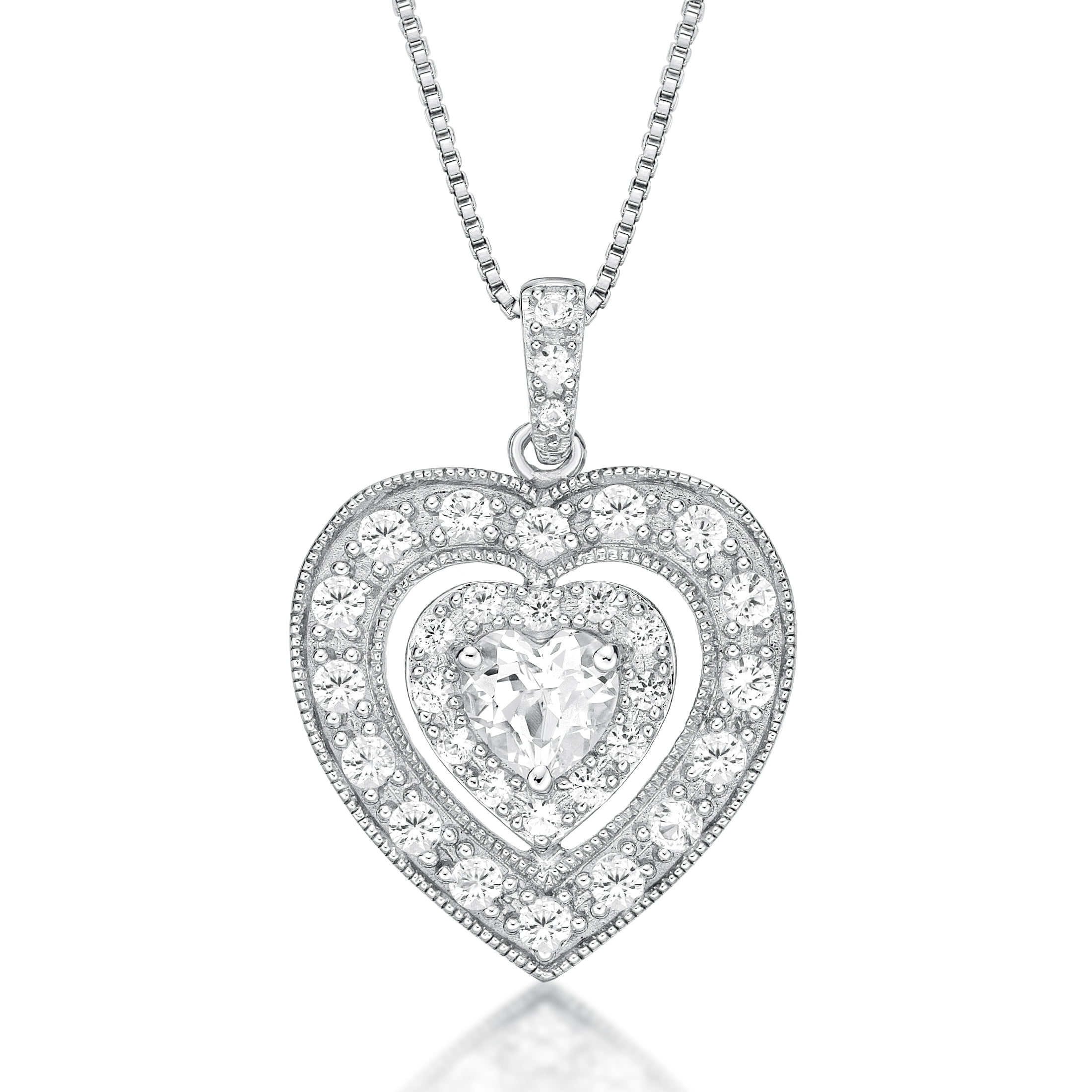 Brilliance 925 Sterling Silver Created White Sapphire Heart Pendant with 18" Chain