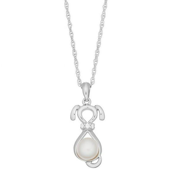Brilliance 925 Sterling Silver Freshwater Pearl and Created White Sapphire Dog Pendant with 18" Chain