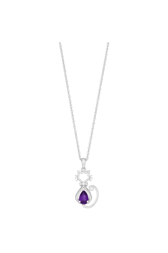Brilliance 925 Sterling Silver Genuine Amethyst and Created White Sapphire Cat Pendant with 18" Chain