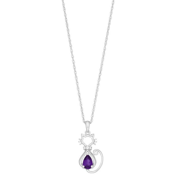 Brilliance 925 Sterling Silver Genuine Amethyst and Created White Sapphire Cat Pendant with 18" Chain