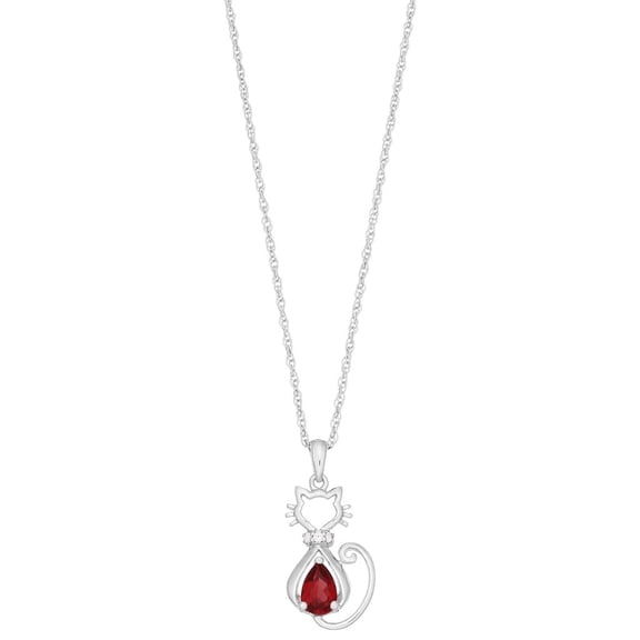 Brilliance 925 Sterling Silver Genuine Garnet and Created White Sapphire Cat Pendant with 18" Chain