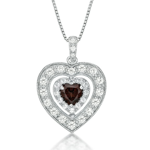 Brilliance 925 Sterling Silver Genuine Garnet and Created White Sapphire Heart Pendant with 18" Chain