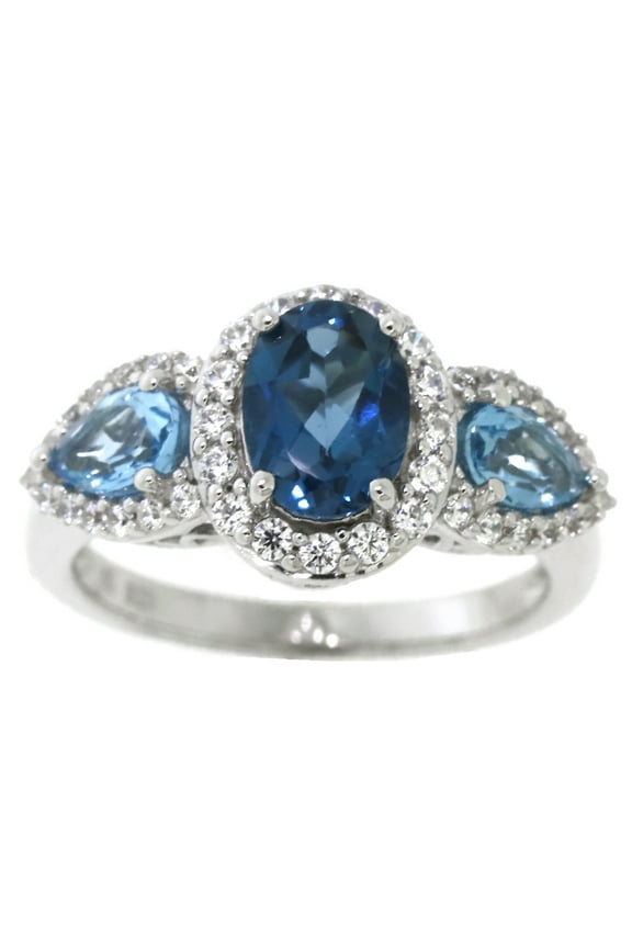 Brilliance 925 Sterling Silver Genuine London and Swiss Blue Topaz, with White Cubic Zirconia CZ accent Ring
