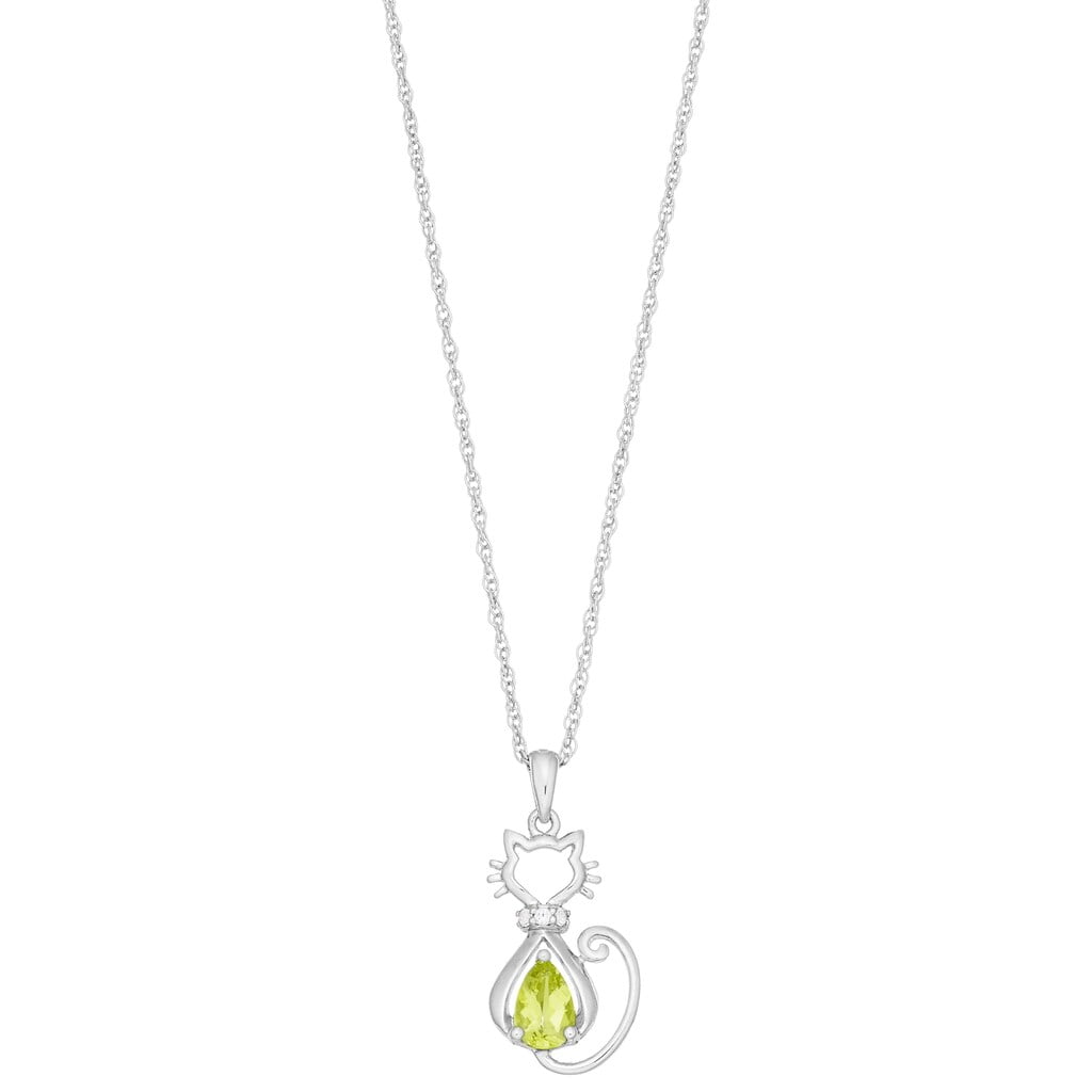Brilliance 925 Sterling Silver Peridot and Created White Sapphire Cat Pendant with 18" Chain