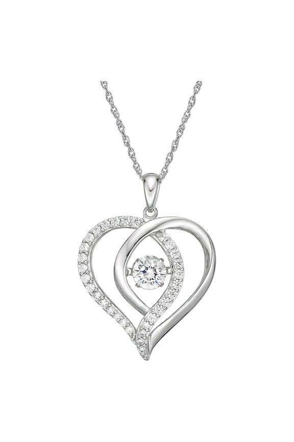 Brilliance 925 Sterling Silver Simulated White Diamond Open Double Heart Dancing Gemstone Pendant on 18" Fine Rope Chain