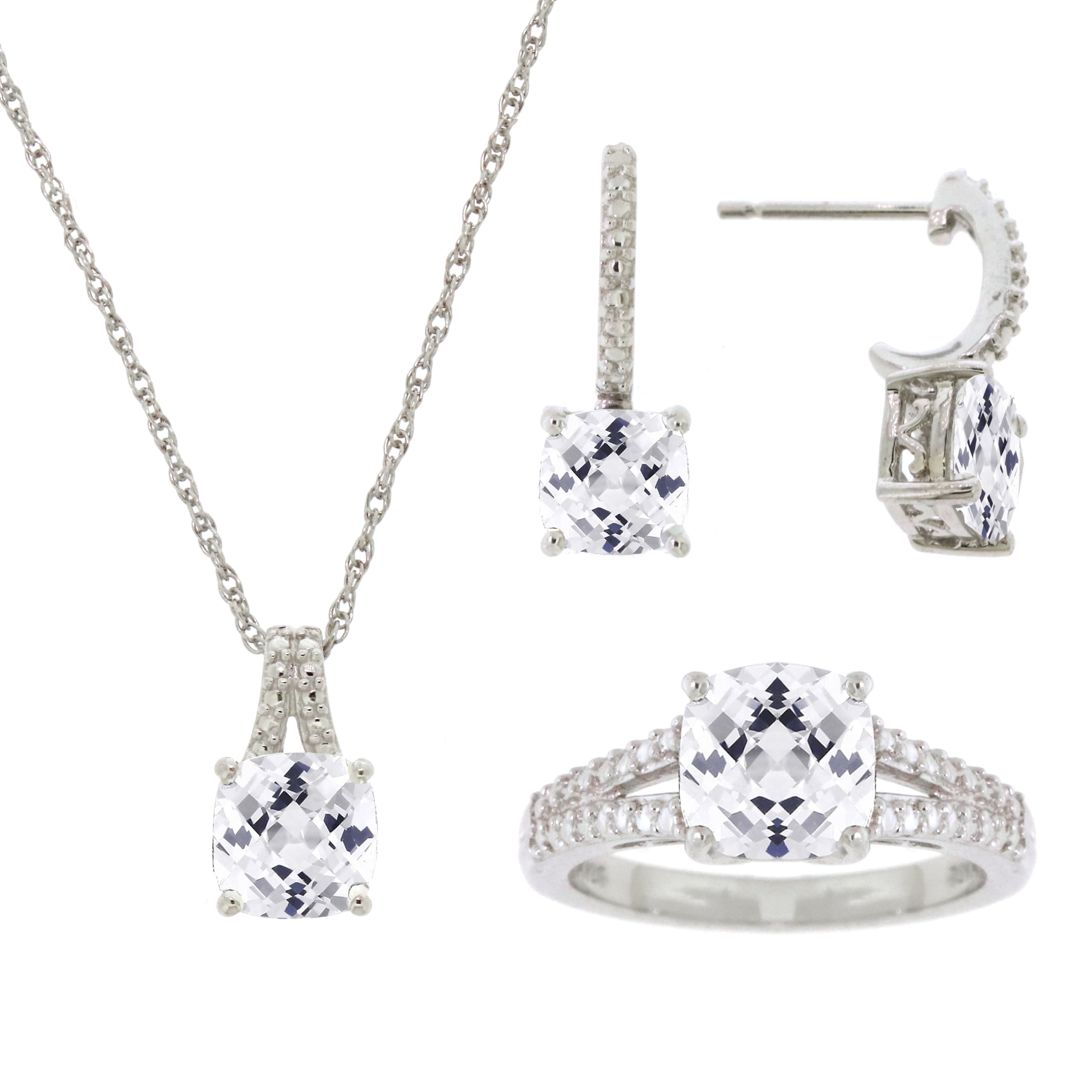 Brilliance 925 Sterling Silver White Topaz with Diamond accent Cushion 3pcs Set