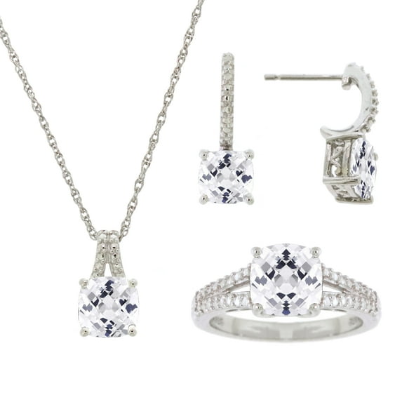 Brilliance 925 Sterling Silver White Topaz with Diamond accent Cushion 3pcs Set