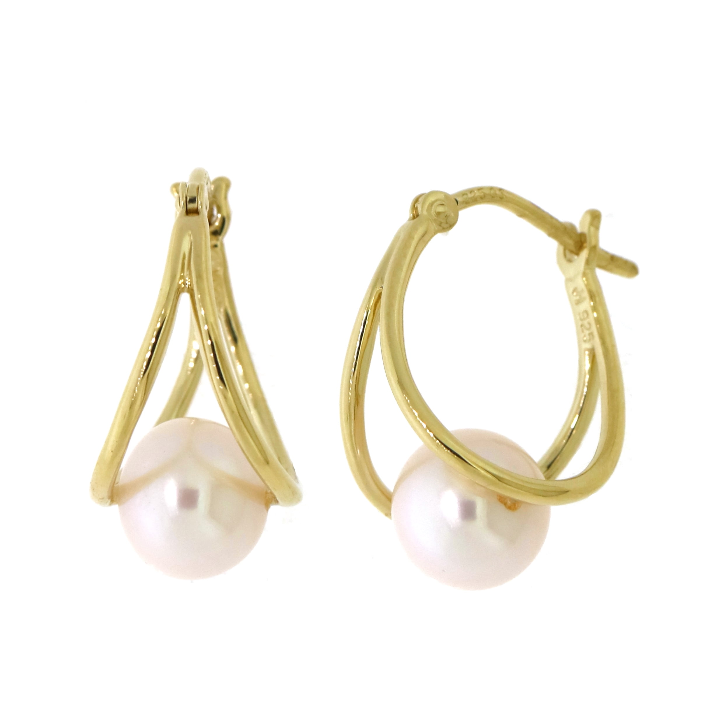 Brilliance 925 Sterling Silver with 14K Yellow Gold Plating Freshwater Pearl Earrings
