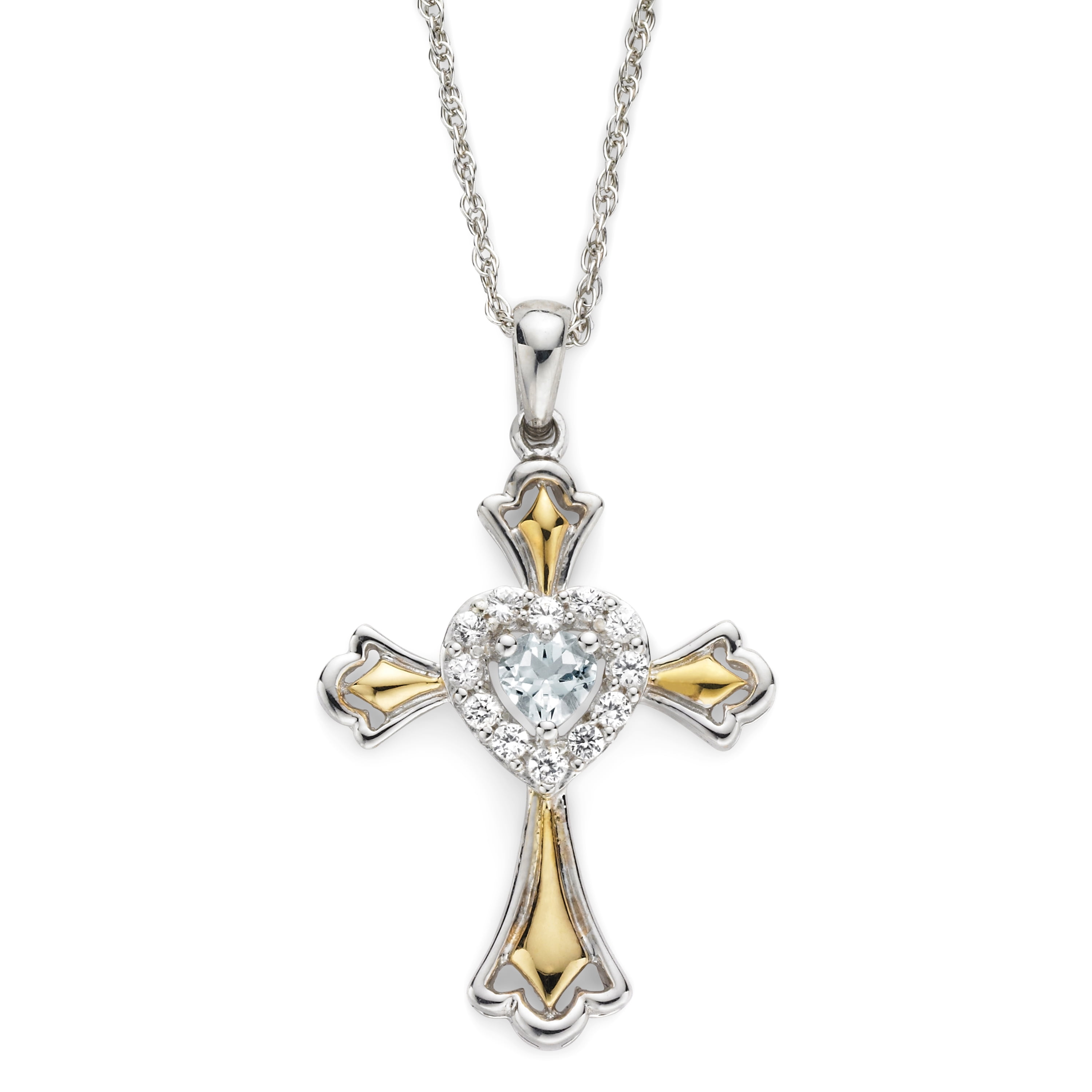 Brilliance 925 Sterling Silver with 14KY Gold Plated Aquamarine and Created White Sapphire Cross Pendant with 18" Chain