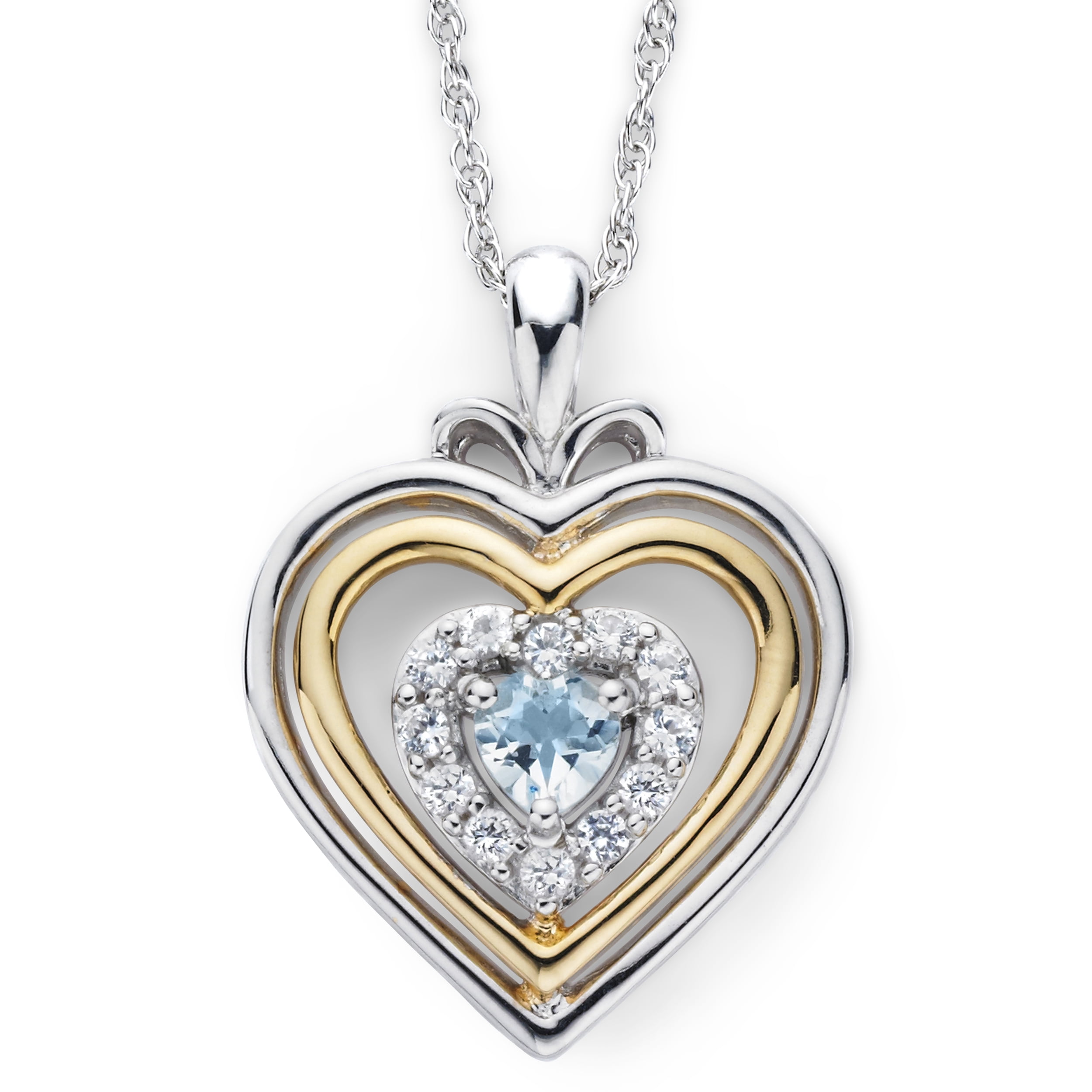 Brilliance 925 Sterling Silver with 14KY Gold Plated Aquamarine and Created White Sapphire Heart Pendant with 18" Chain