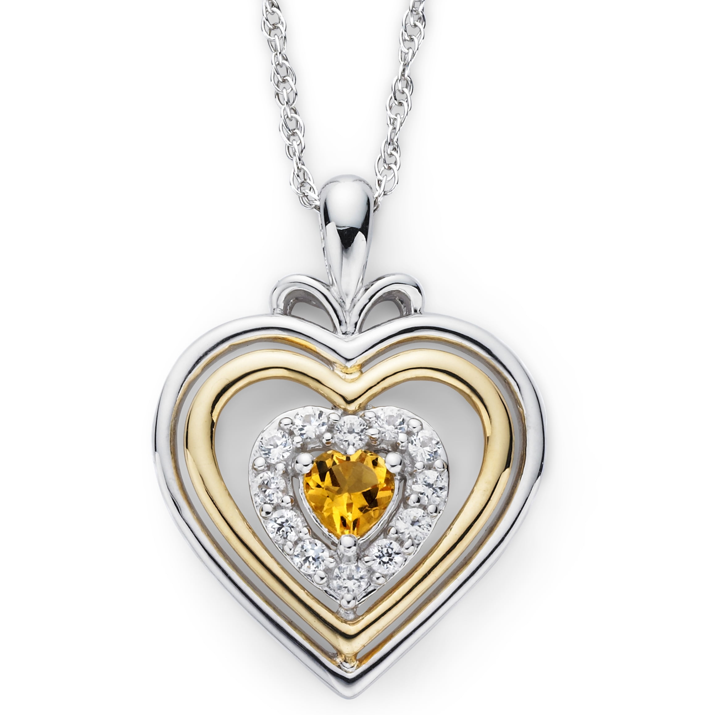 Brilliance 925 Sterling Silver with 14KY Gold Plated Citrine and Created White Sapphire Heart Pendant with 18" Chain