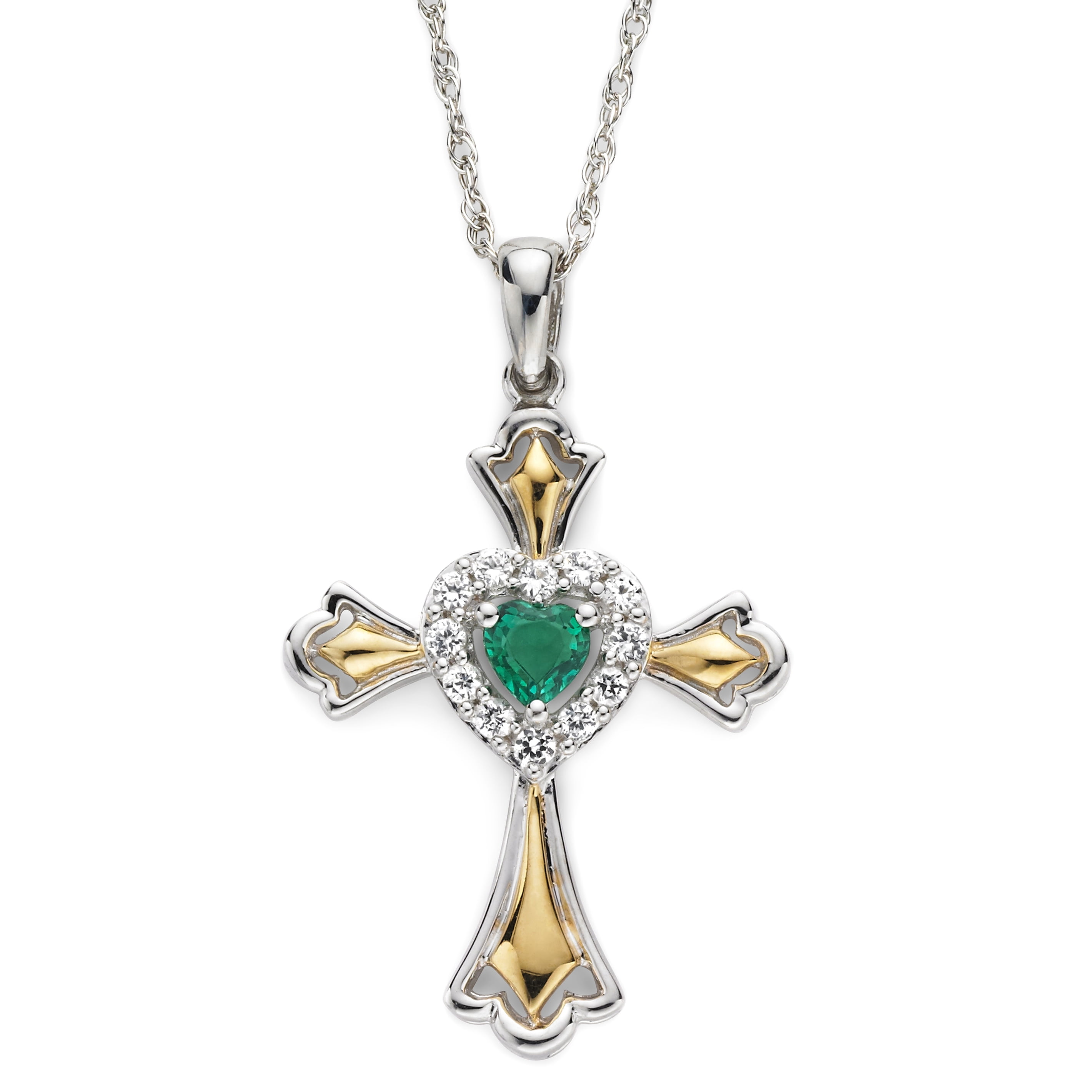 Brilliance 925 Sterling Silver with 14KY Gold Plated Created Emerald and Created White Sapphire Cross Pendant with 18" Chain