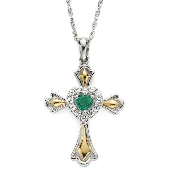 Brilliance 925 Sterling Silver with 14KY Gold Plated Created Emerald and Created White Sapphire Cross Pendant with 18" Chain