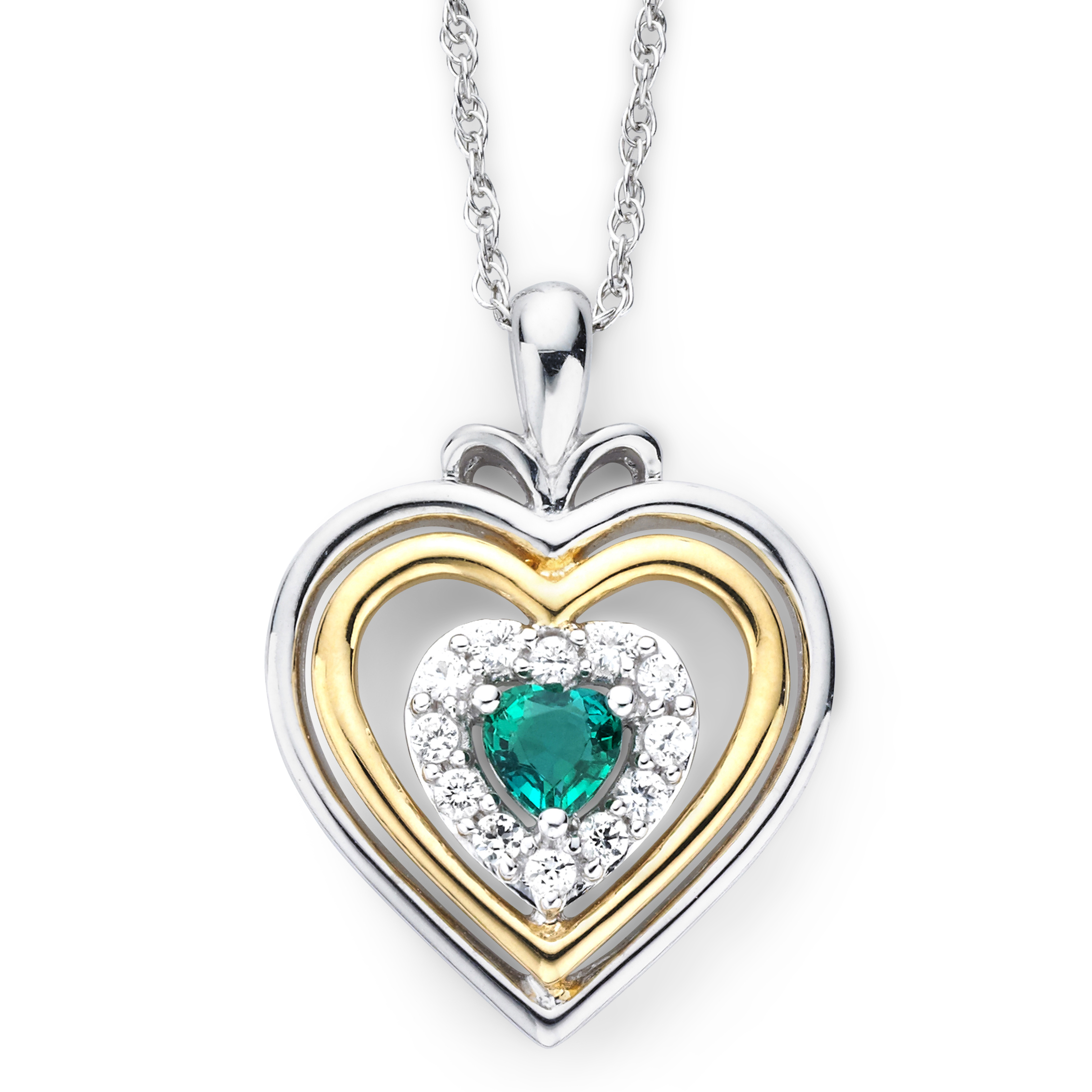 Brilliance 925 Sterling Silver with 14KY Gold Plated Created Emerald and Created White Sapphire Heart Pendant with 18" Chain