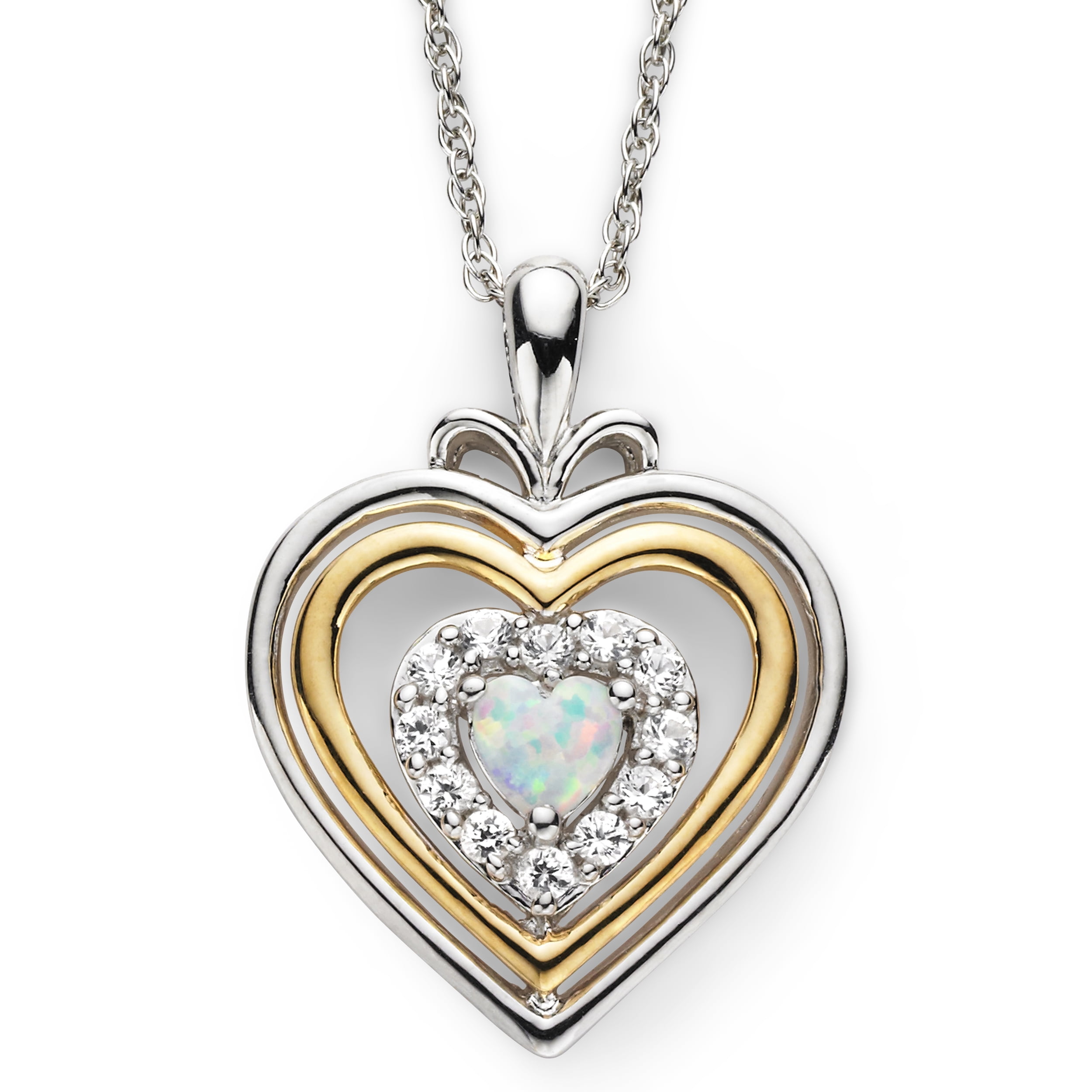 Brilliance 925 Sterling Silver with 14KY Gold Plated Created Opal and Created White Sapphire Heart Pendant with 18" Chain