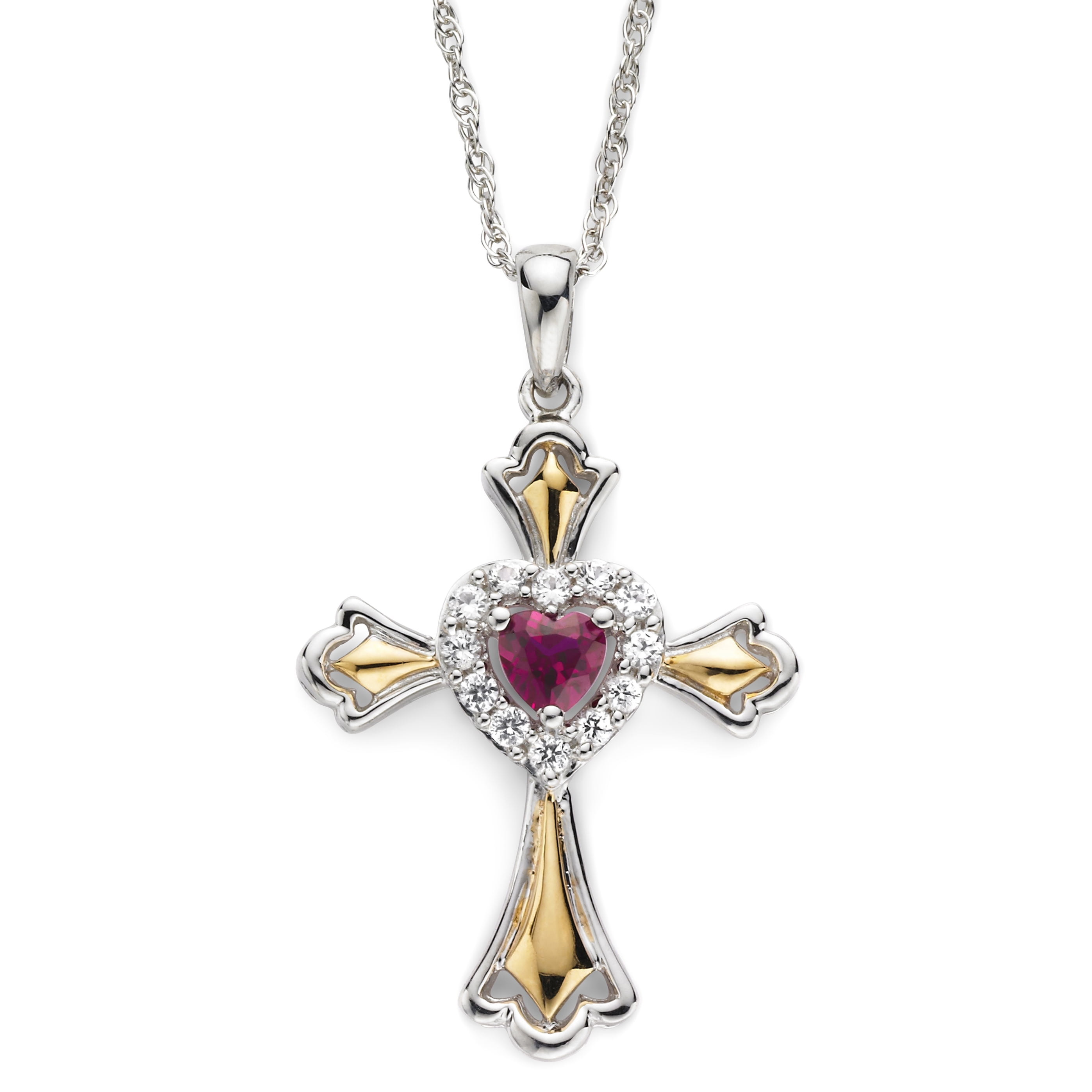 Brilliance 925 Sterling Silver with 14KY Gold Plated Created Ruby and Created White Sapphire Cross Pendant with 18" Chain