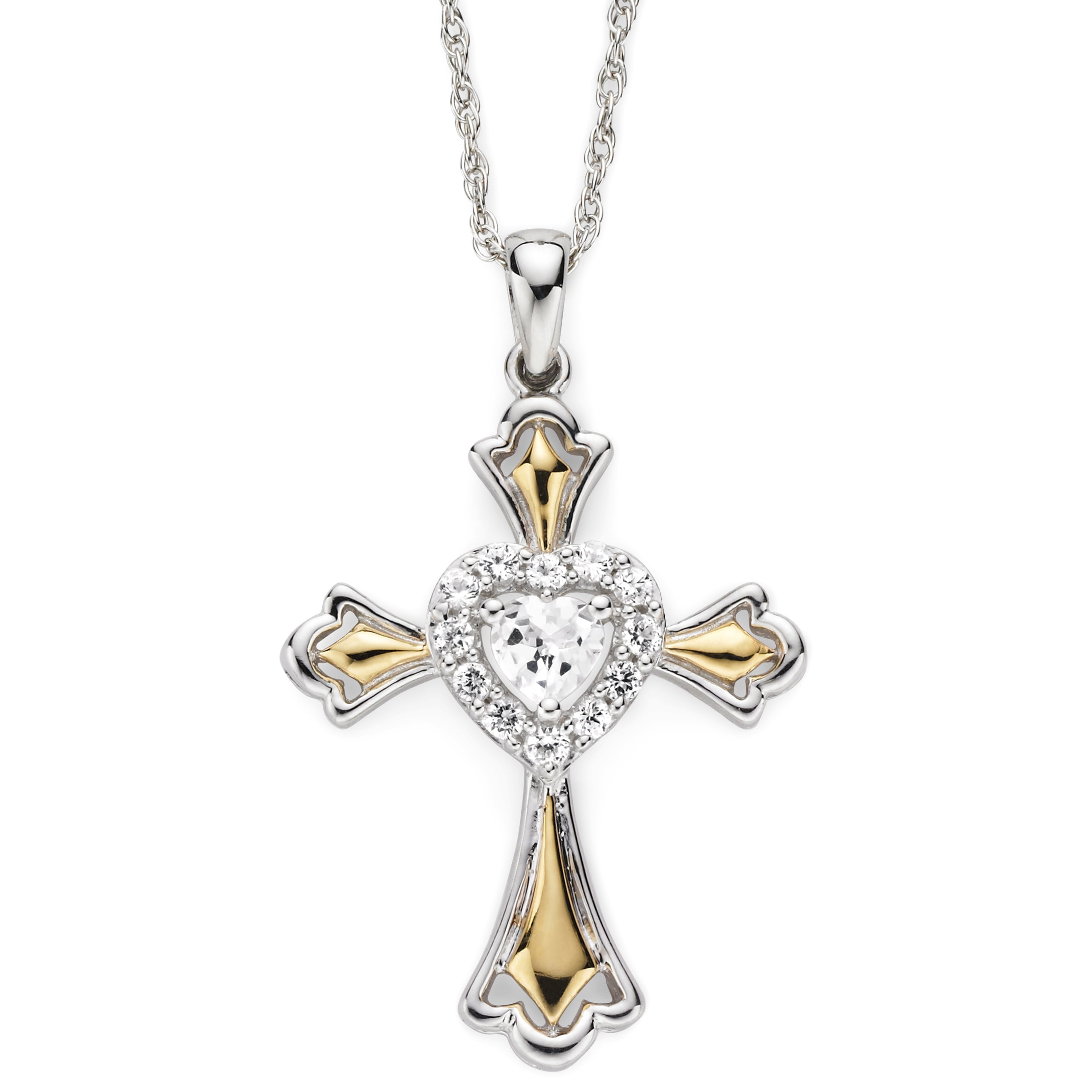 Brilliance 925 Sterling Silver with 14KY Gold Plated Created White Sapphire Cross Pendant with 18" Chain