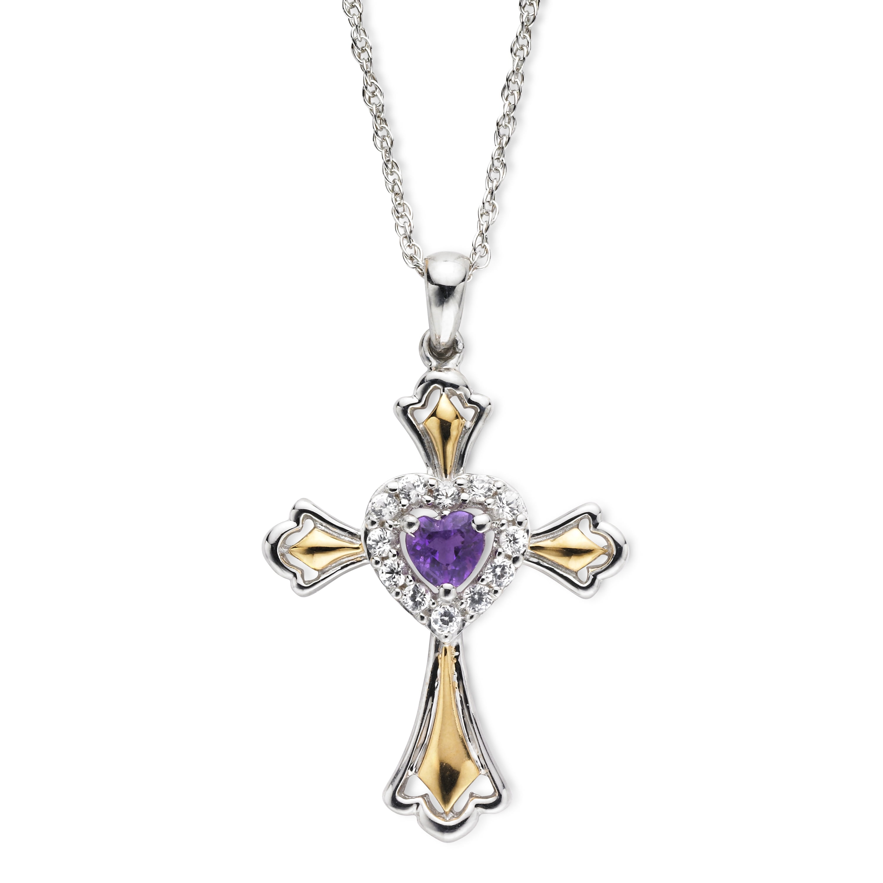 Brilliance 925 Sterling Silver with 14KY Gold Plated Genuine Amethyst and Created White Sapphire Cross Pendant with 18" Chain