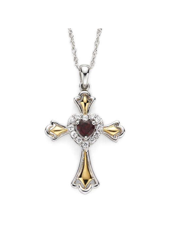 Brilliance 925 Sterling Silver with 14KY Gold Plated Genuine Garnet and Created White Sapphire Cross Pendant with 18" Chain