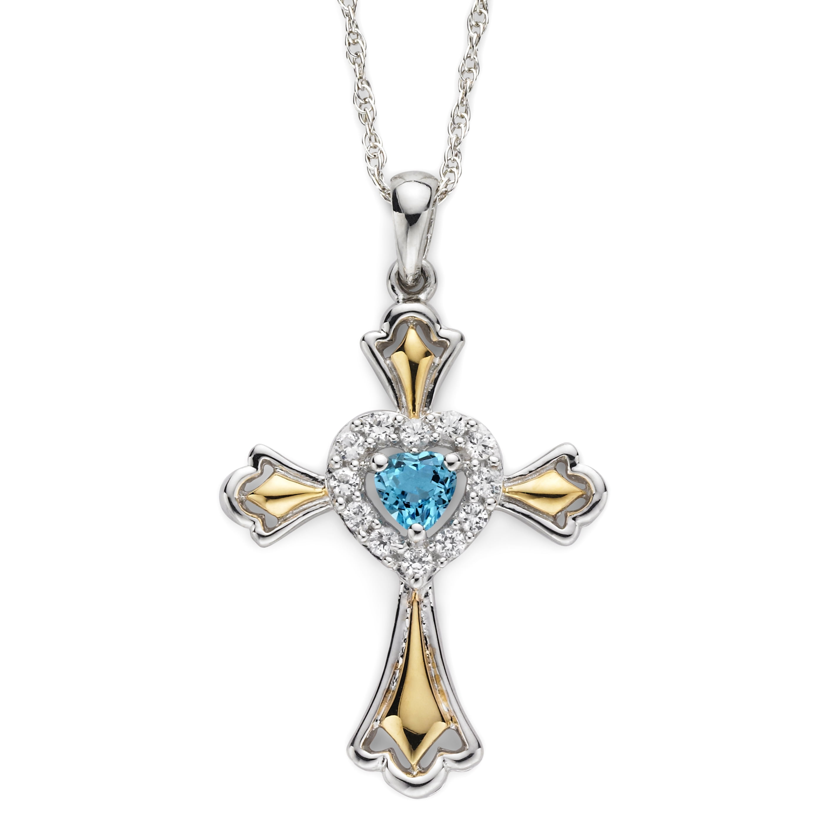 Brilliance 925 Sterling Silver with 14KY Gold Plated Genuine Swiss Blue Topaz and Created White Sapphire Cross Pendant with 18" Chain