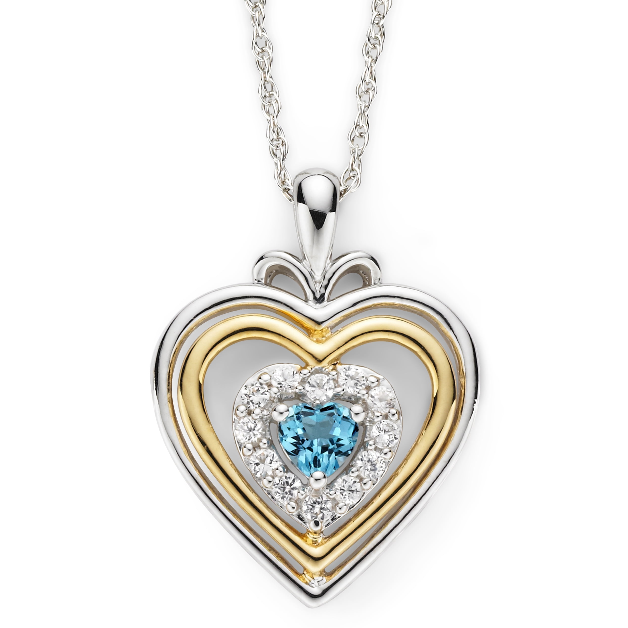 Brilliance 925 Sterling Silver with 14KY Gold Plated Genuine Swiss Blue Topaz and Created White Sapphire Heart Pendant with 18" Chain
