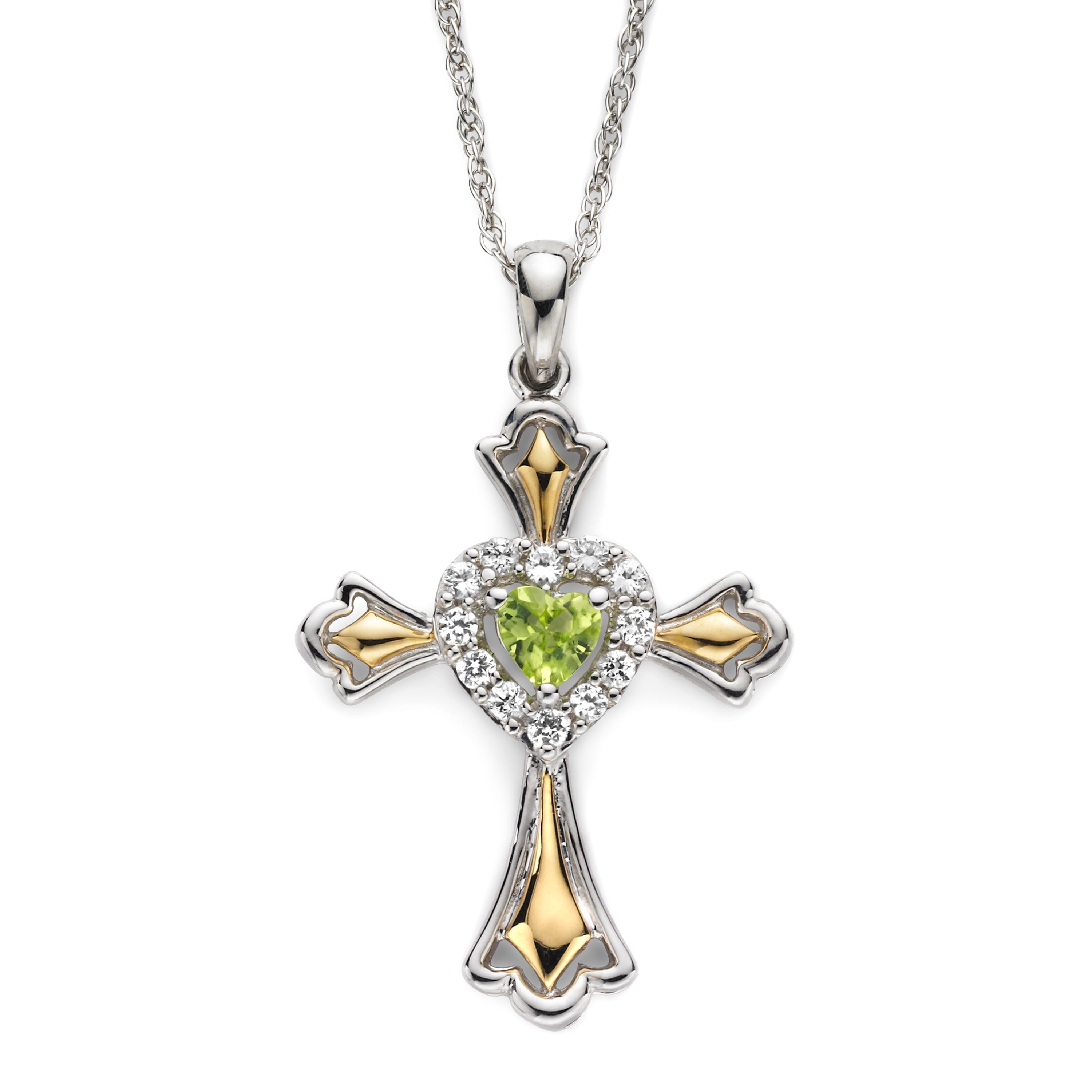 Brilliance 925 Sterling Silver with 14KY Gold Plated Peridot and Created White Sapphire Cross Pendant with 18" Chain