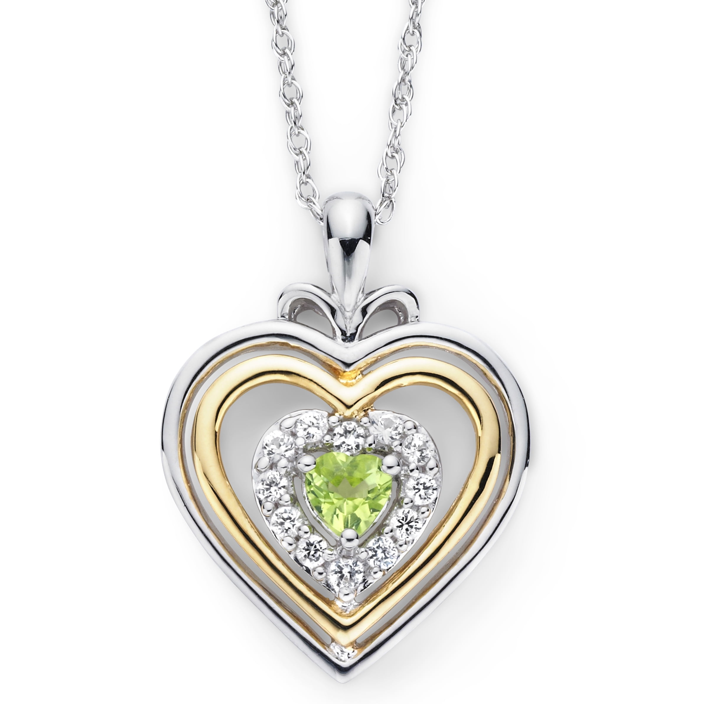 Brilliance 925 Sterling Silver with 14KY Gold Plated Peridot and Created White Sapphire Heart Pendant with 18" Chain