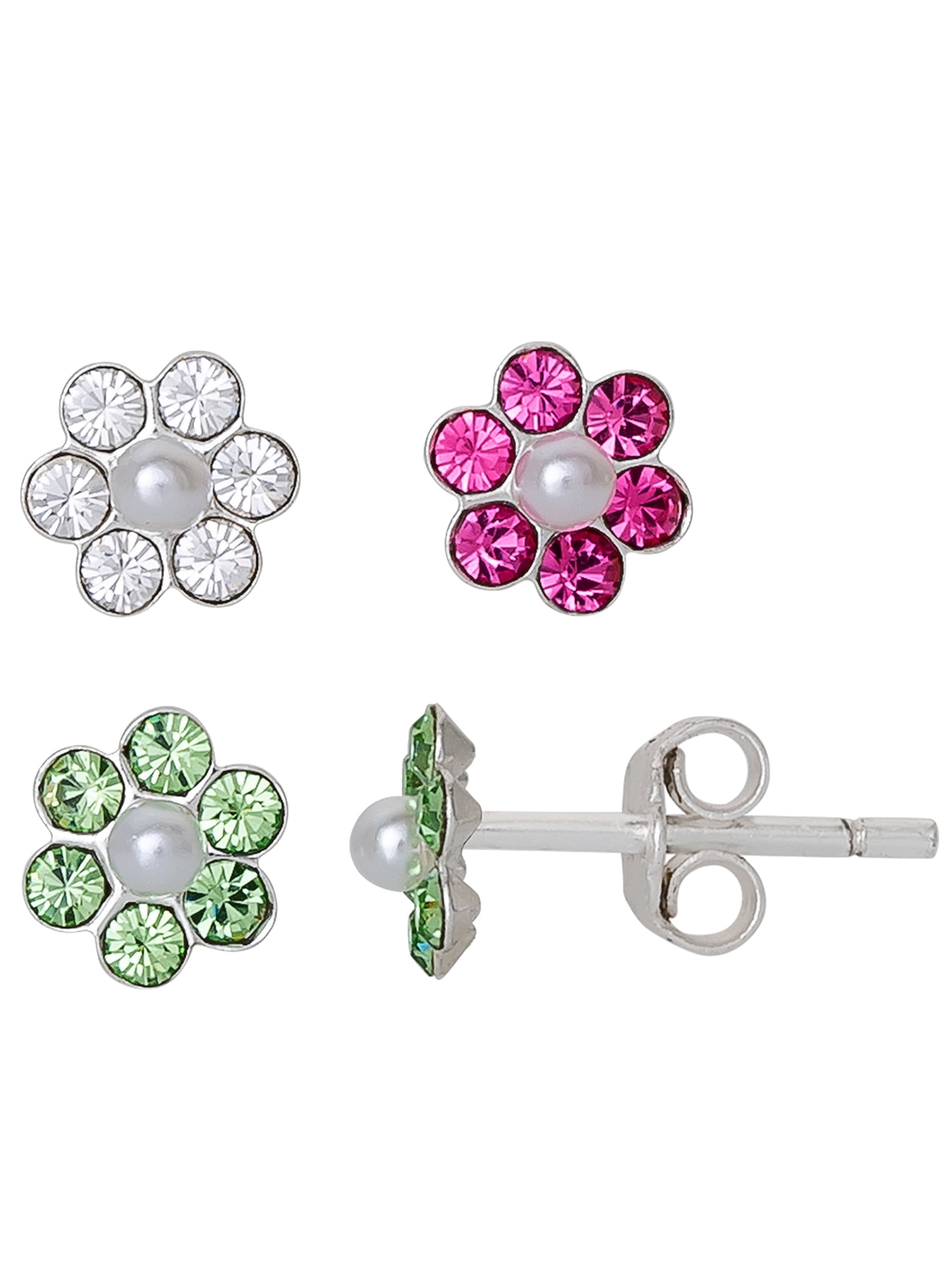 Flower Stud Earrings with Pink Crystal Sterling Silver Flower Stud Earrings with Pink Crystal Sterling Silver