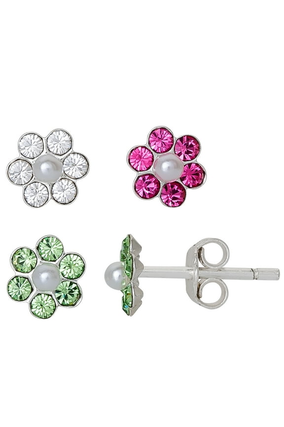 Brilliance Fine -Girl’s Sterling Silver Crystal Flower Stud Earring Set, 3 Pairs