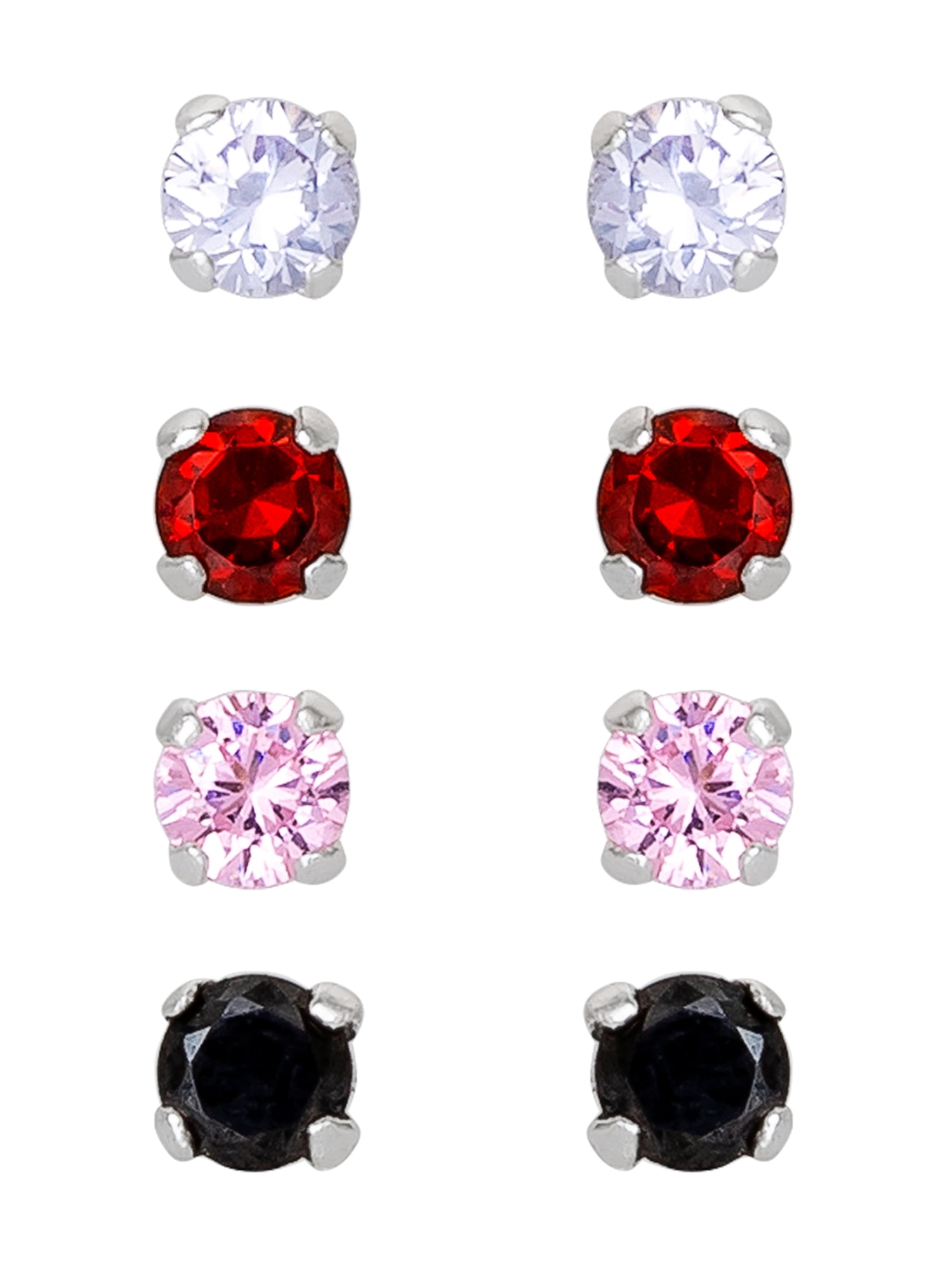 Brilliance Girl’s Sterling Silver Cubic Zirconia Round Stud Earring Set, 4 Pairs