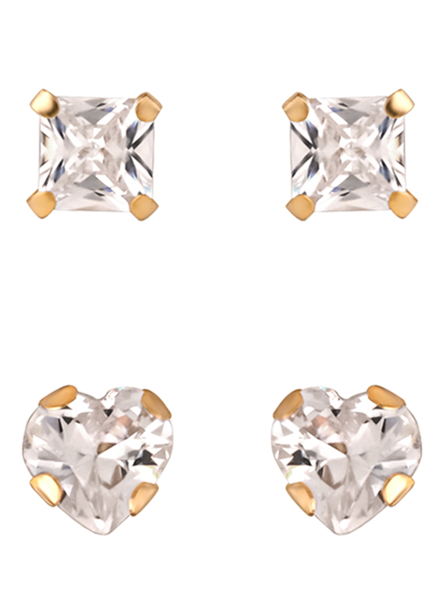 Brilliance Fine Girl’s / Tween 14K Yellow Gold CZ Square and Heart Stud Earring Set