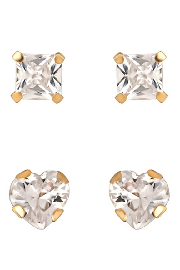 Brilliance Fine Girl’s / Tween 14K Yellow Gold CZ Square and Heart Stud Earring Set