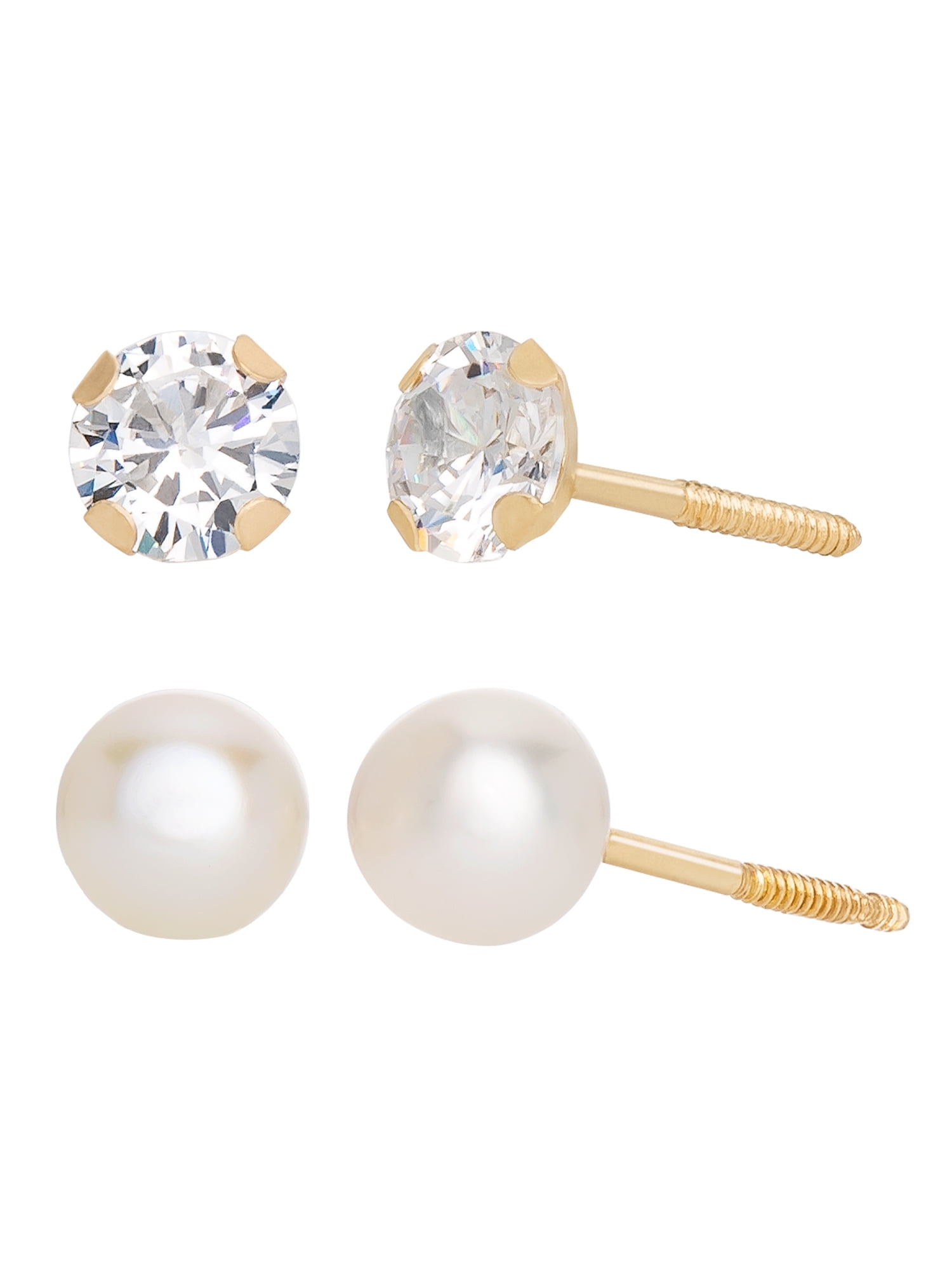 BRILLIANCE FINE JEWELRY Brilliance Fine Girls/Tween 14K Yellow Gold CZ and Pearl Stud Earring Set