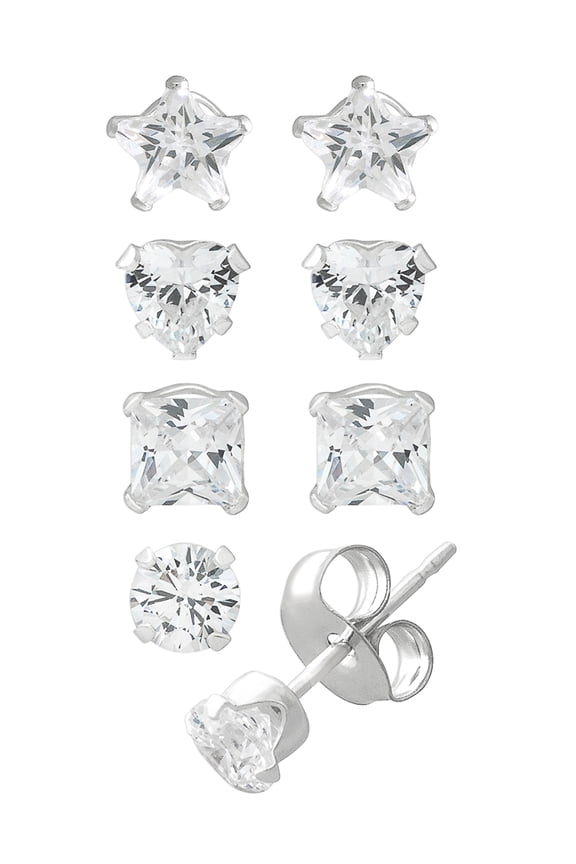 Brilliance Fine Girls/Tween Sterling Silver CZ Multi Stud Earring Set, 4 Pairs