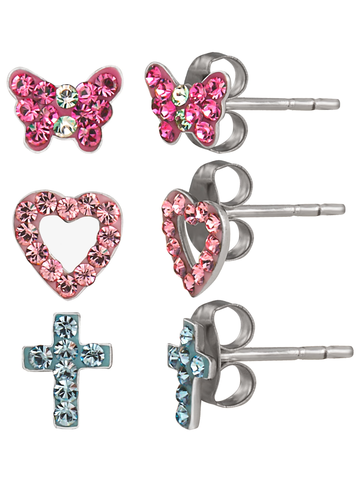 Brilliance Fine Girl’s/Tween Sterling Silver Crystal Heart, Butterfly and Cross Stud Earring Set