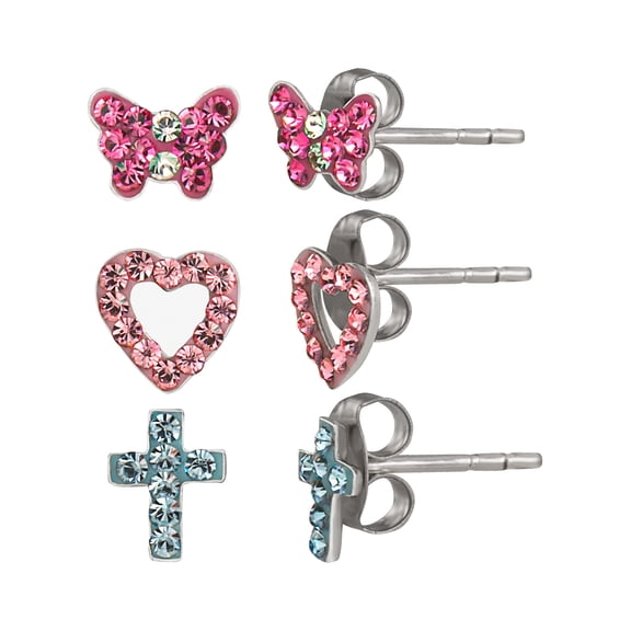 Brilliance Fine Girls/Tween Sterling Silver Crystal Heart, Butterfly and Cross Stud Earring Set