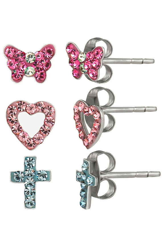 Brilliance Fine Girl’s/Tween Sterling Silver Crystal Heart, Butterfly and Cross Stud Earring Set