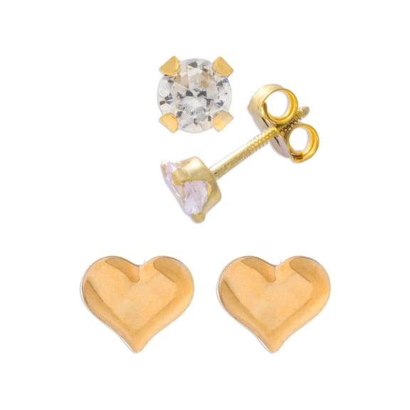Brilliance Fine- Girls/Tween14K Yellow Gold CZ and Heart Stud Earring Set, 2 Pairs