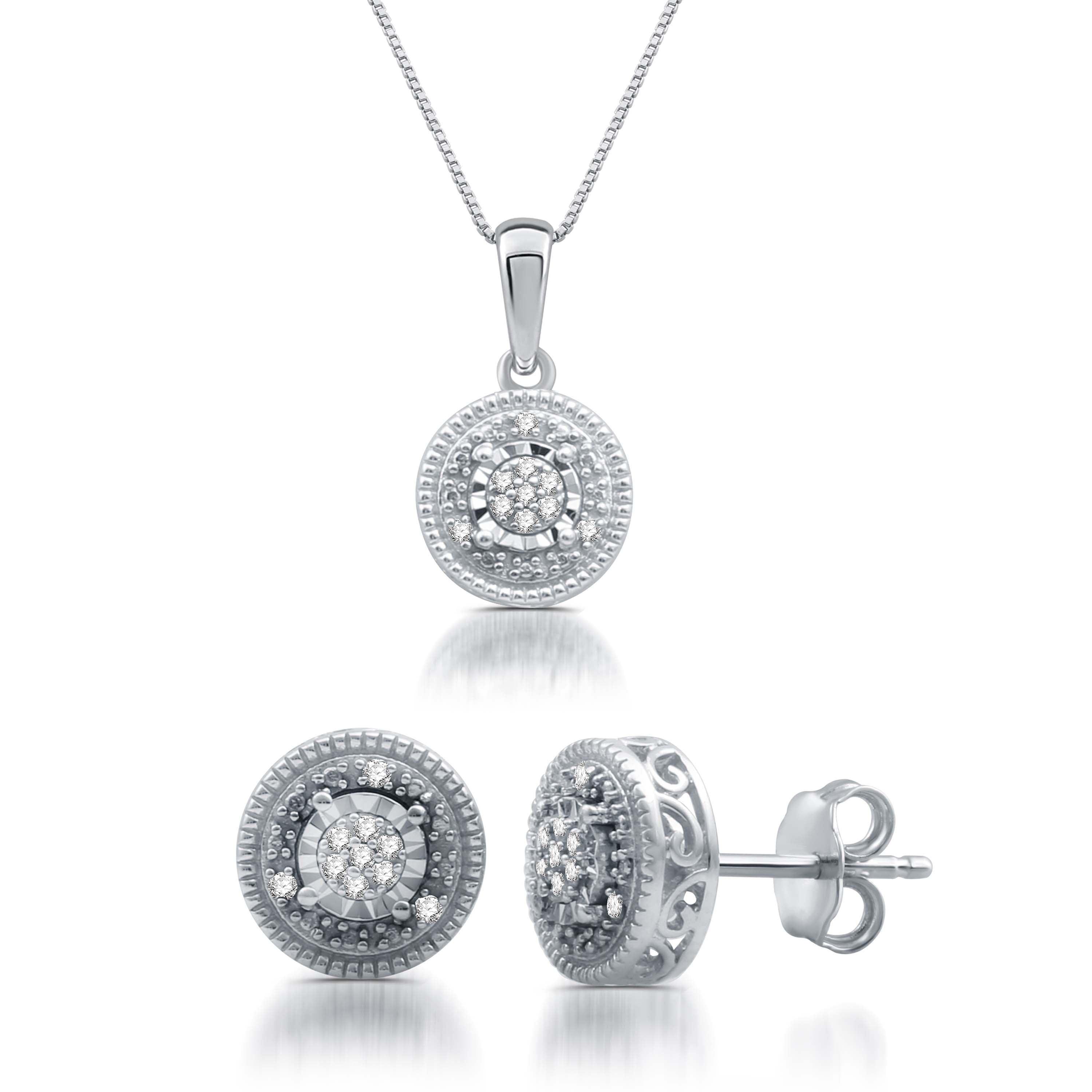 .925 Sterling Silver .10 Cttw Round Diamond Miracle Plate Three Stone Heart Halo Pendant Necklace (J-K Color, I3 Clarity) - 18