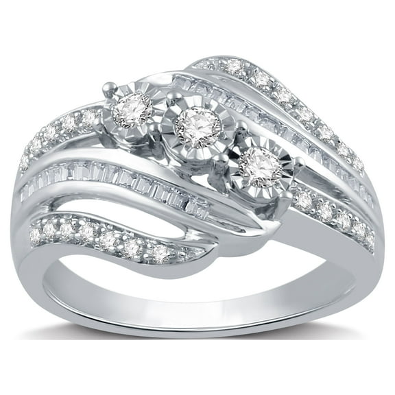 Brilliance Fine Jewelry 1/4 CTTW Round & Baguette Diamond Sterling Silver Women's Statement Ring