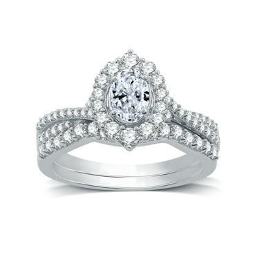 Brilliance Fine Jewelry 1 CTW Lab Grown Diamond Women's Oval Halo Bridal Set Sterling Silver (F,SI)