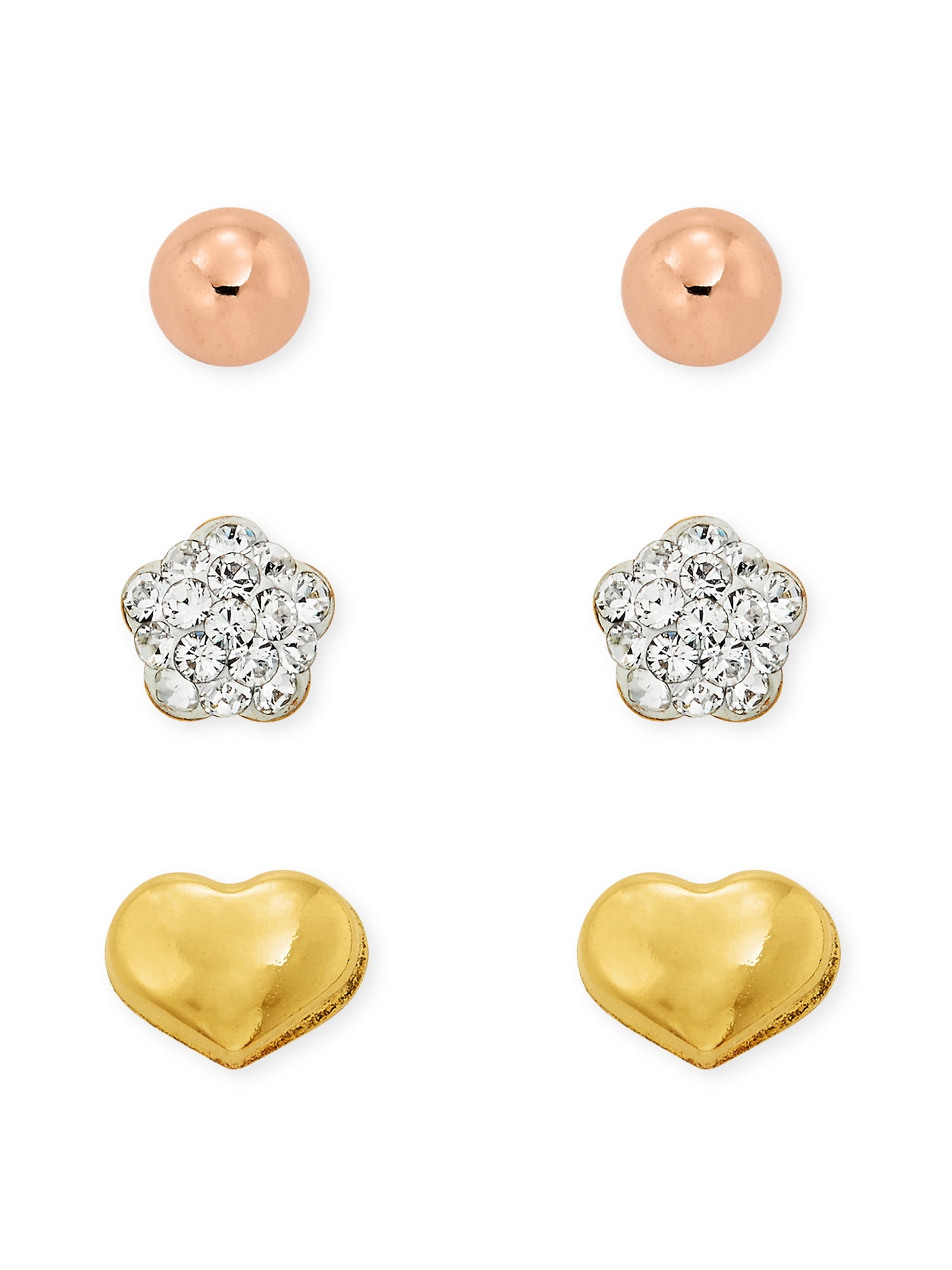 Brilliance Fine Jewelry 10K Gold Filled Ball-Crystal Flower-Heart Studs Children Female Earrings Set
