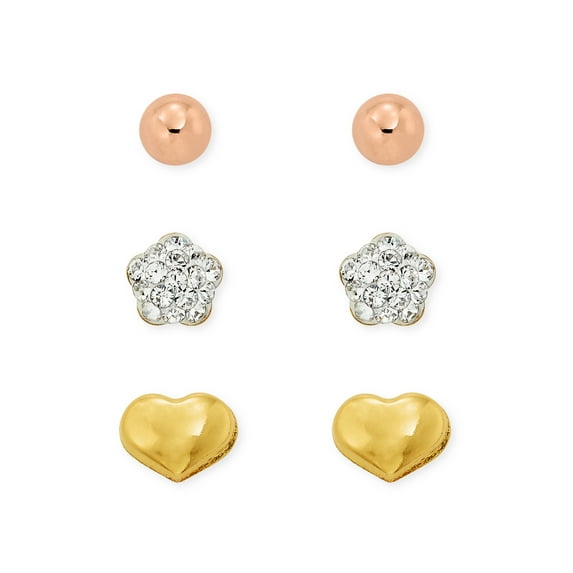 Brilliance Fine Jewelry 10K Gold Filled Ball-Crystal Flower-Heart Studs Children Female Earrings Set