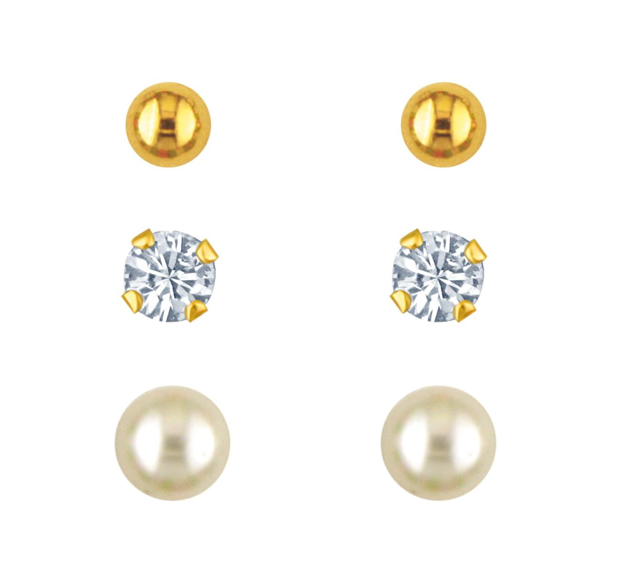 Brilliance Fine Jewelry 10K Gold Filled Ball-Crystal-IMI.Pearl Studs Children’s Girls Earring Set