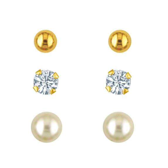 Brilliance Fine Jewelry 10K Gold Filled Ball-Crystal-IMI.Pearl Studs Children’s Girls Earring Set