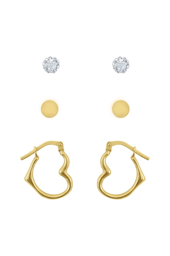 10K Gold Filled Crystal Ball Studs and Heart Hoop Childrens Set