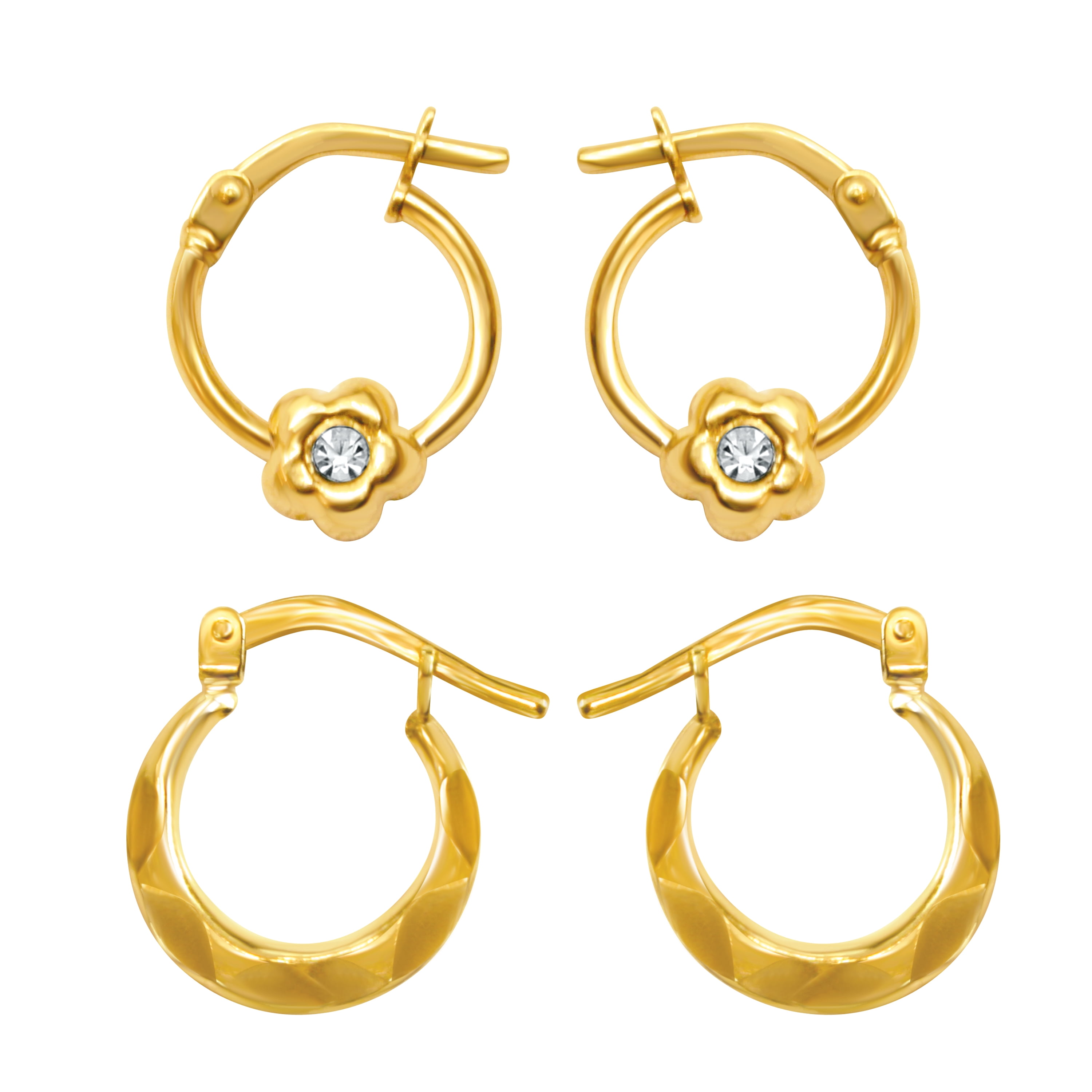 BRILLIANCE FINE JEWELRY 10K Gold Filled Crystal Flower and Faceted Hoops Childrens Earrings Set