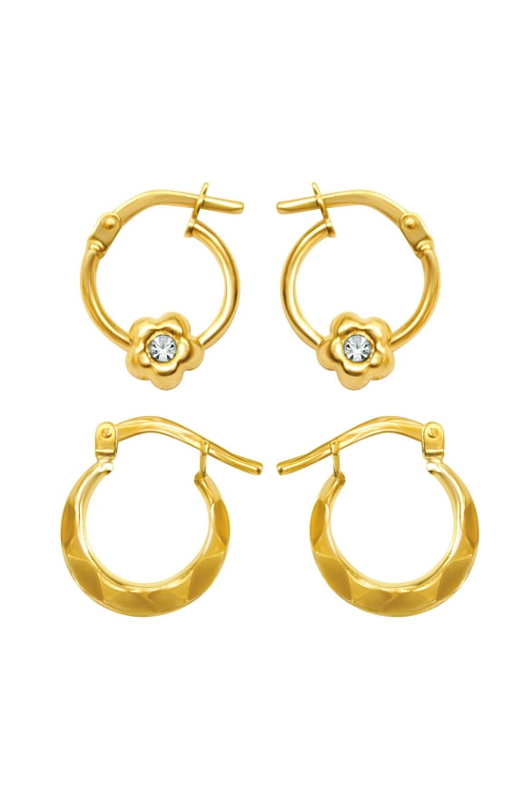10K Gold Filled Crystal Flower and Faceted Hoops Childrens Earrings Set
