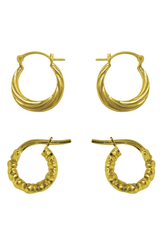 10K Gold Filled Twisted and Hammered Hoop Childrens Earrings Set, 2 Pairs